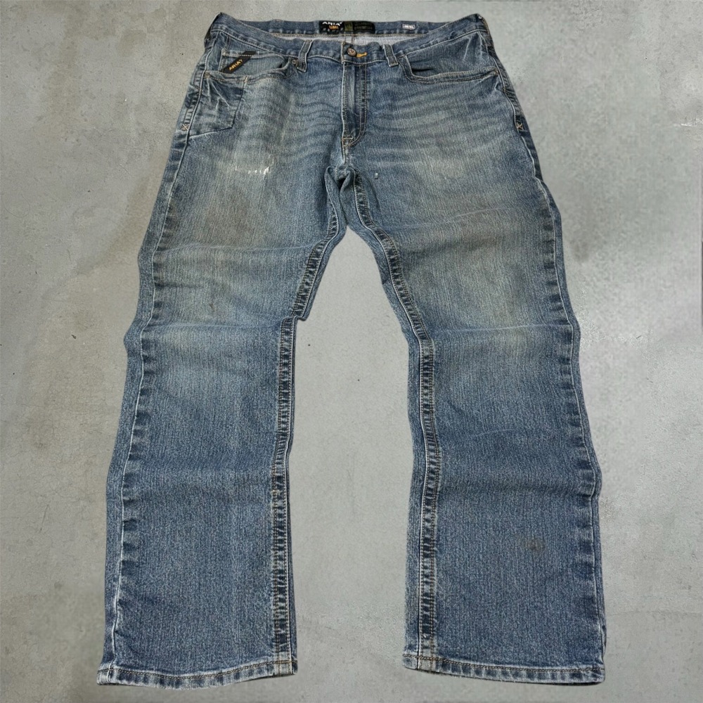Ariat Rebar M5 Jeans Mens 38x34 Blue Workwear Straight Leg Distressed Denim‎